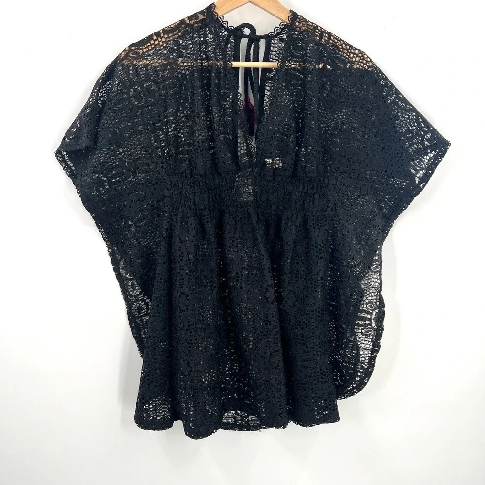 whimsigoth lace poncho style swim cover-up tropical resort black beach pool S